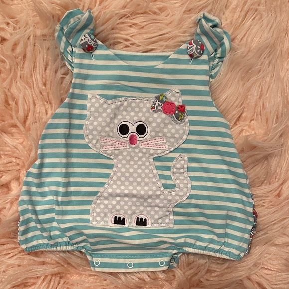 Natalie Grant Striped Teal Blue and White Cat Print Kids One Piece Bubble - Picture 1 of 5